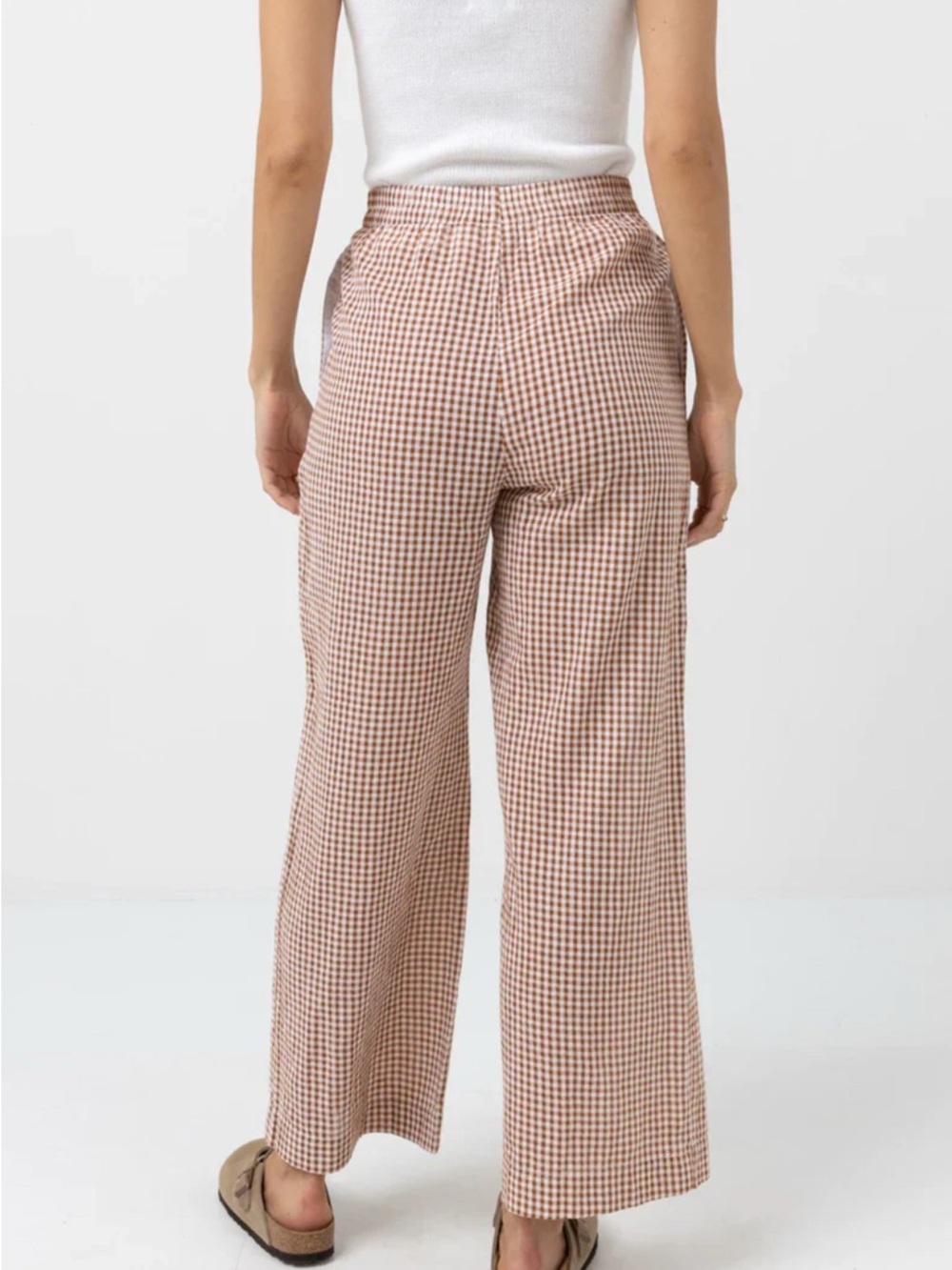Rhythm Checked Wide-Leg Elastic Waist Pants in Brown & White size US 6 - Picture 2 of 7